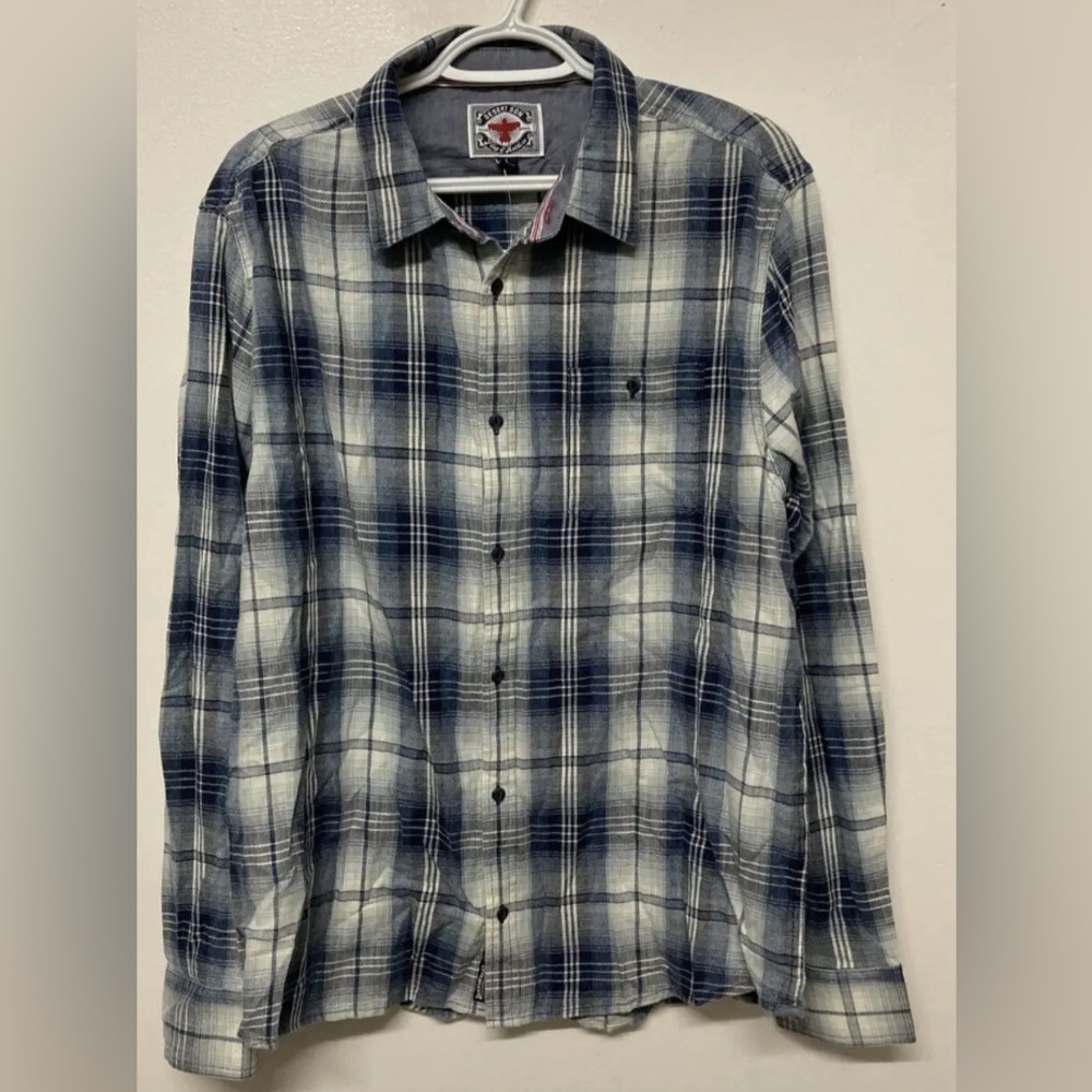 Flag & Anthem Mens Plaid Shirt Button Up Large Adult Blue Navy White NWT - Picture 4 of 13